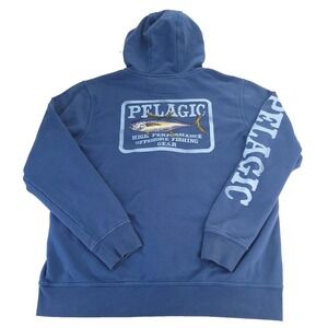 Pelagic Hoodie Mens Large Blue Full Zip Sweatshirt Front Rear Graphic Sleeve Hit